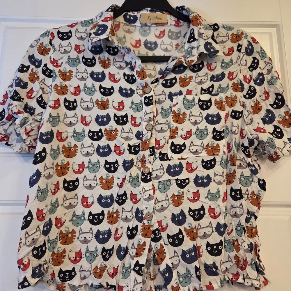 Cat Print Button-Up Shirt